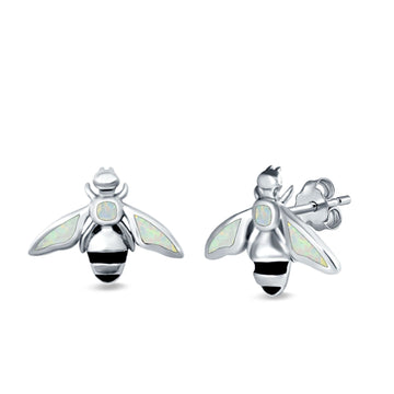 Bee Stud Earrings Lab Created White Opal 925 Sterling Silver (11mm)